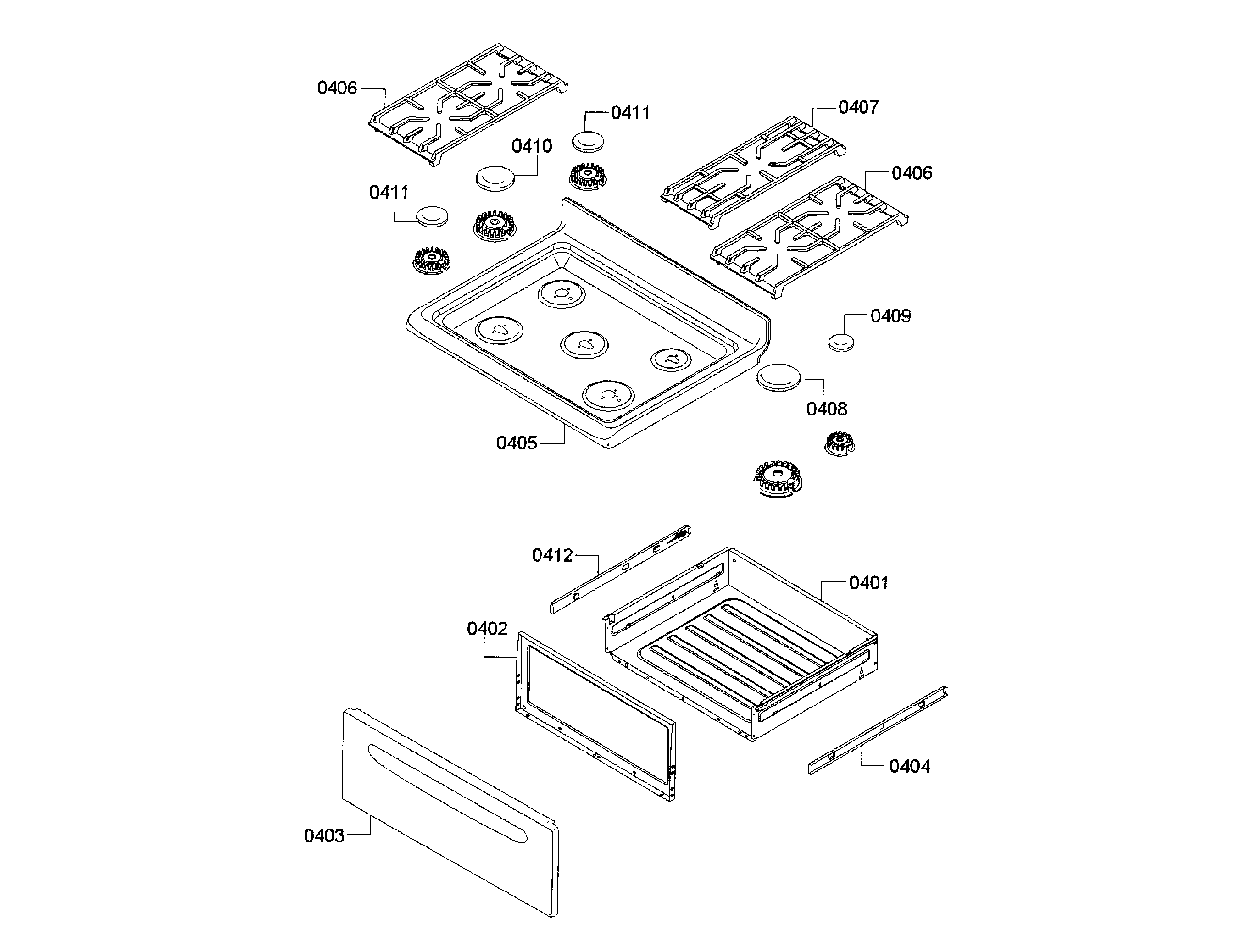Bosch HGS3063UC/12 burner & drawer assy diagram