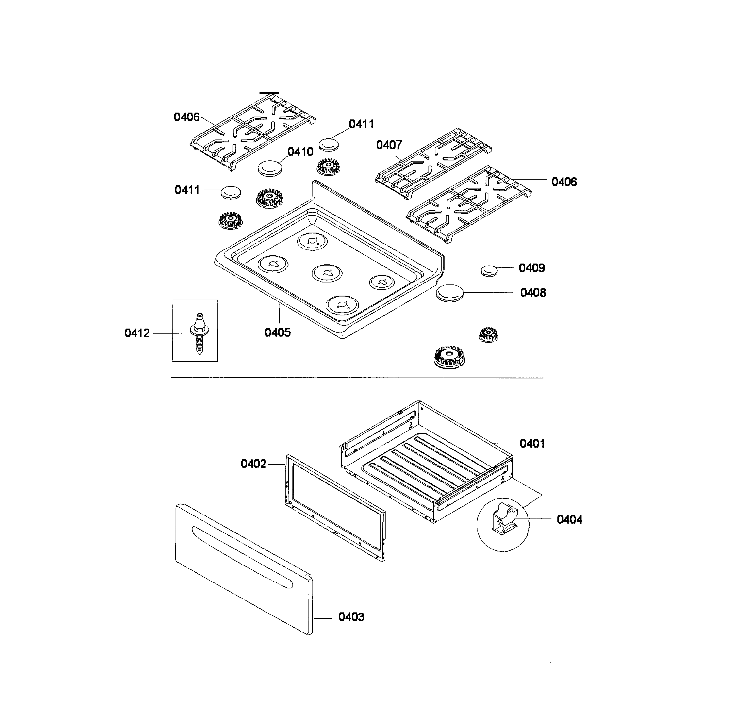 Bosch HGS3023UC/05 cooktop & drawer diagram