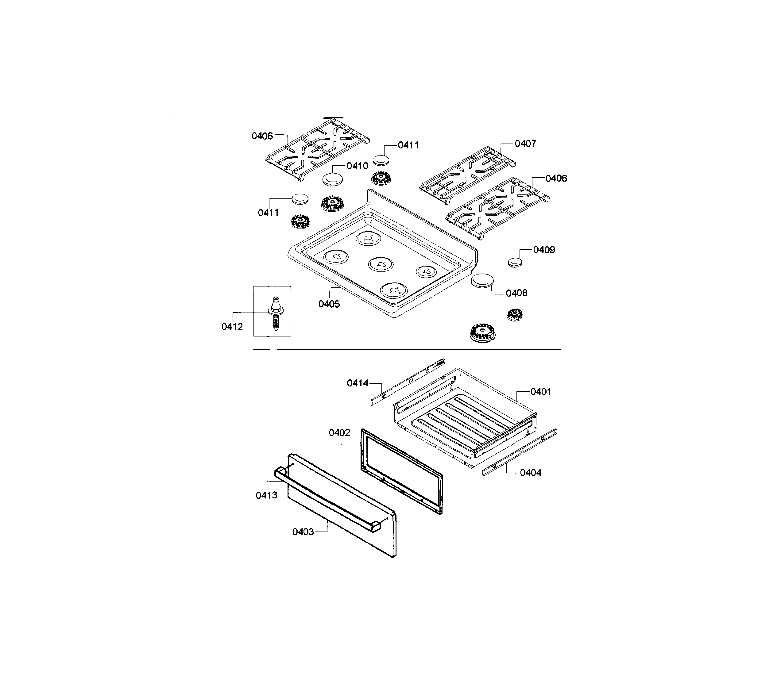 Bosch HGS3053UC/07 burners & drawer diagram