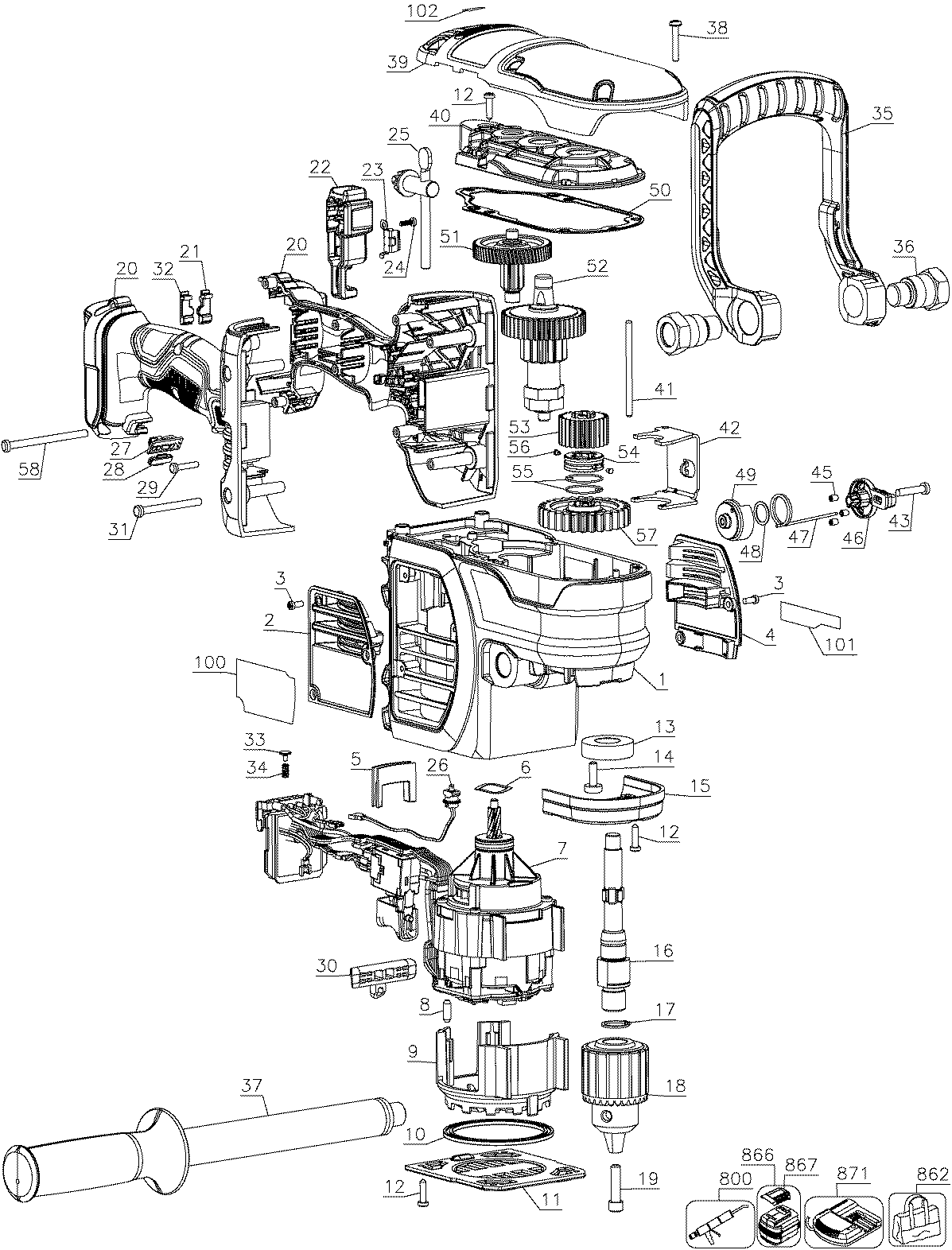 DeWalt DCD460T1 TYPE 1 drill asy diagram