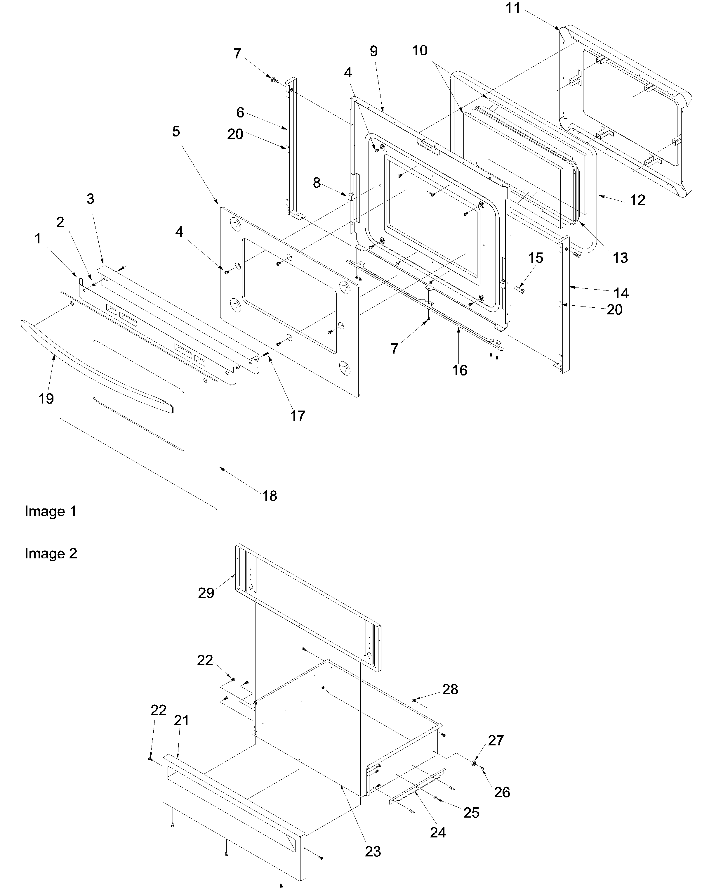 Amana OEMA1-ARG7600L oven door and storage door diagram