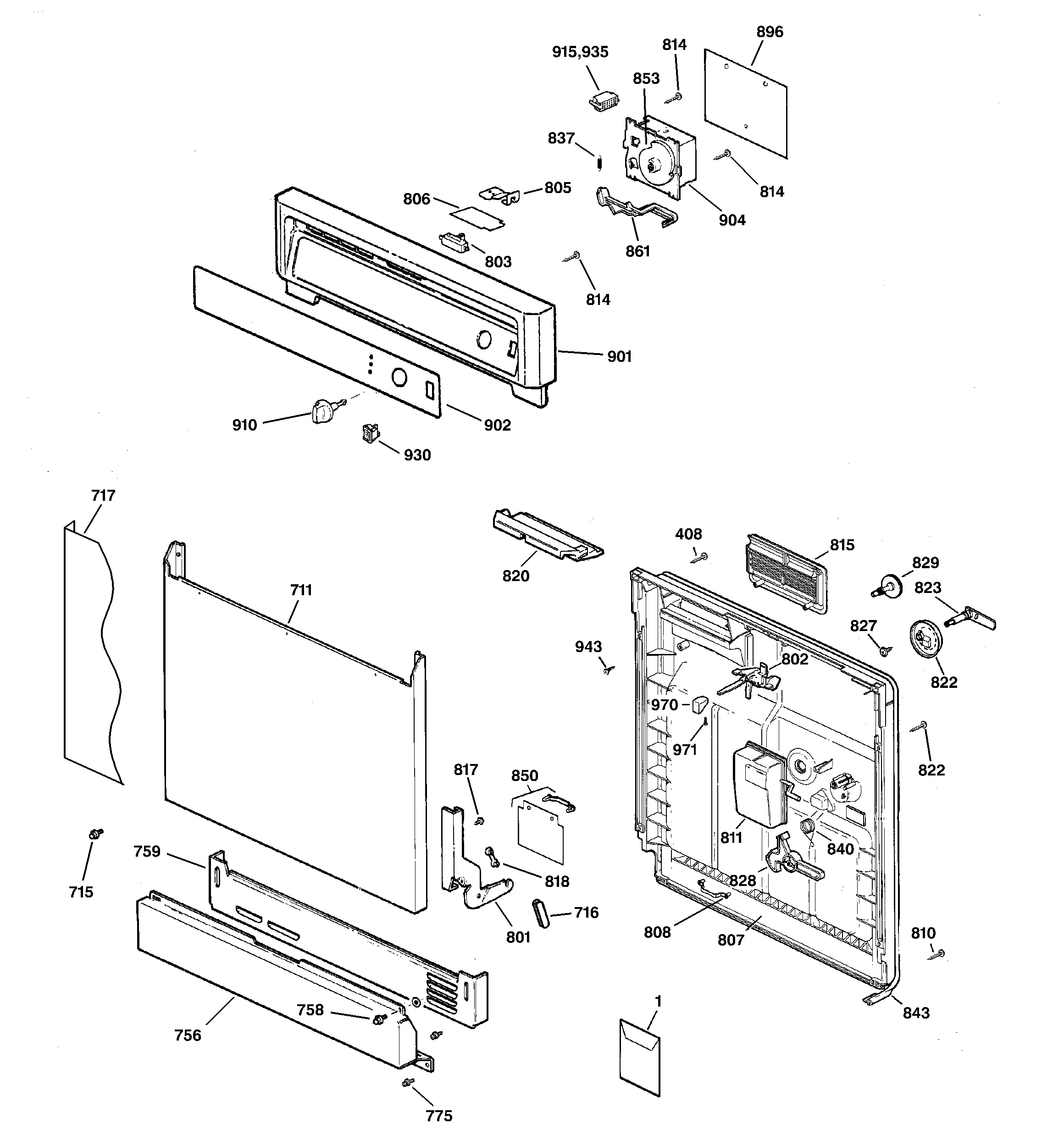 GE GSD2000J01WW escutcheon & door assembly diagram