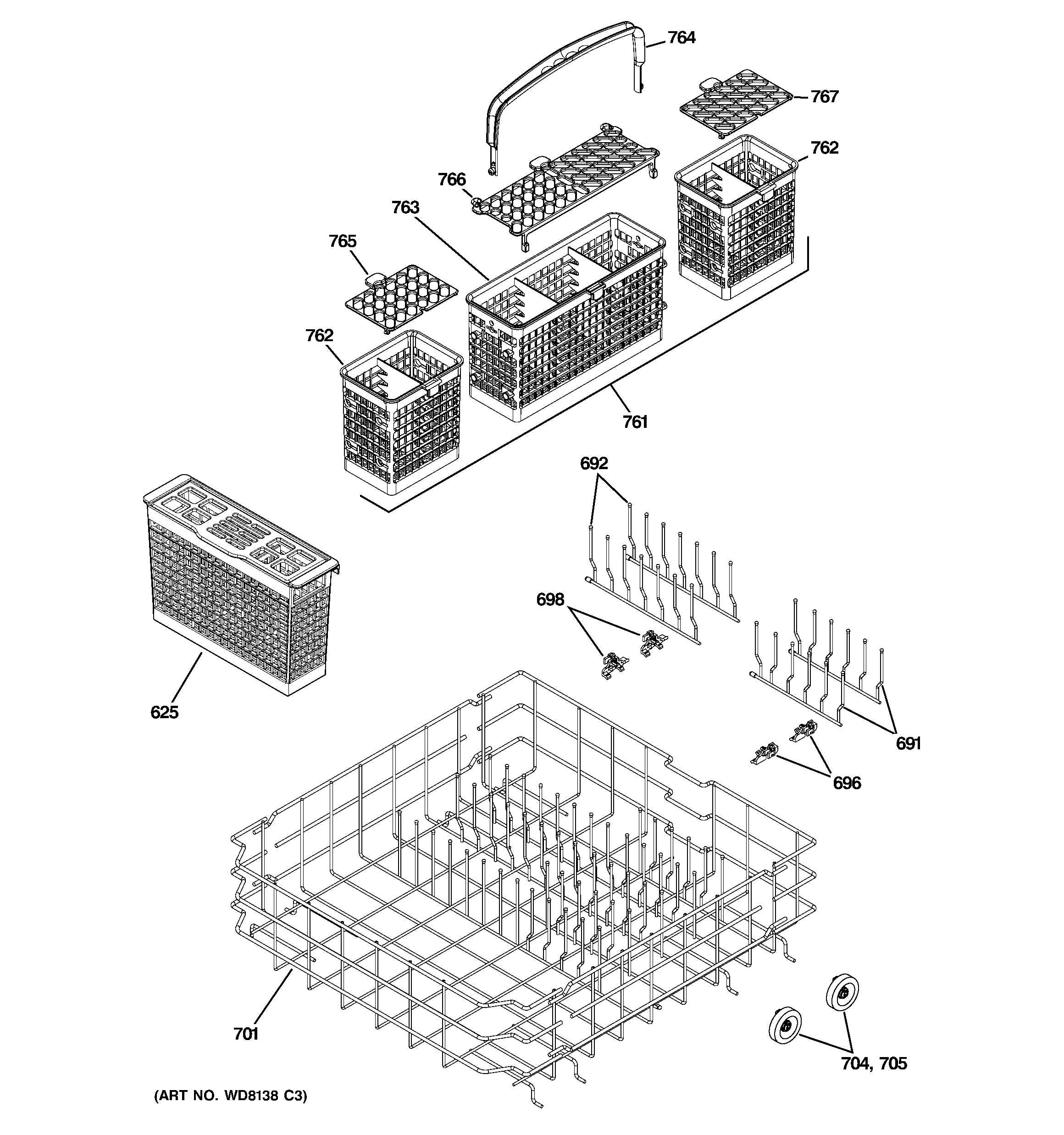 GE PDW8500J03WW lower rack assembly diagram