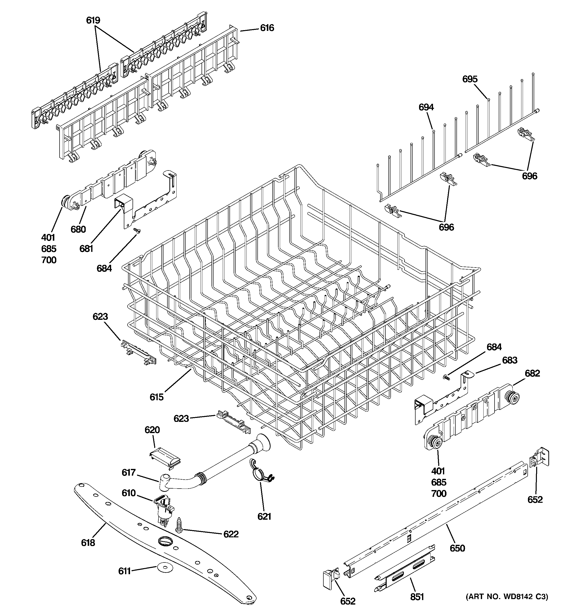 GE PDW8600J03WW upper rack assembly diagram