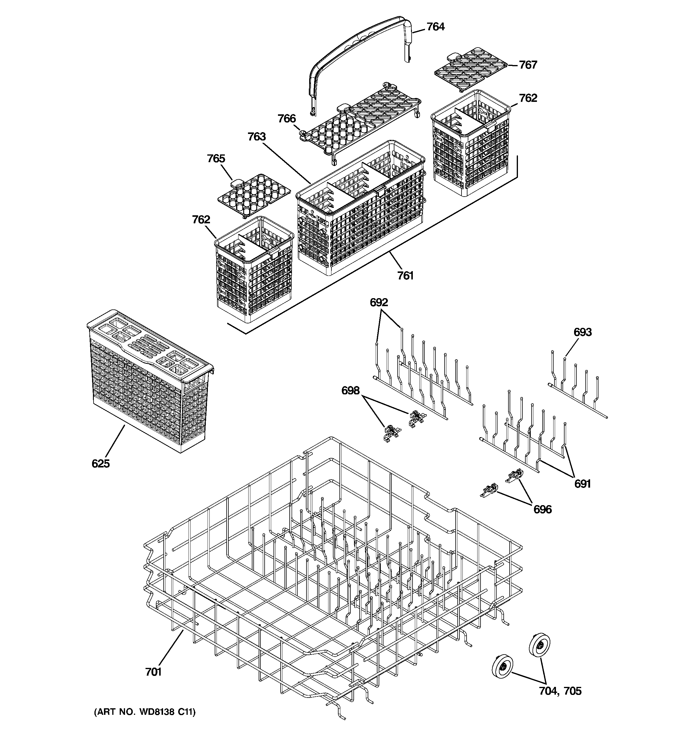 GE PDW8612J01BB lower rack assembly diagram