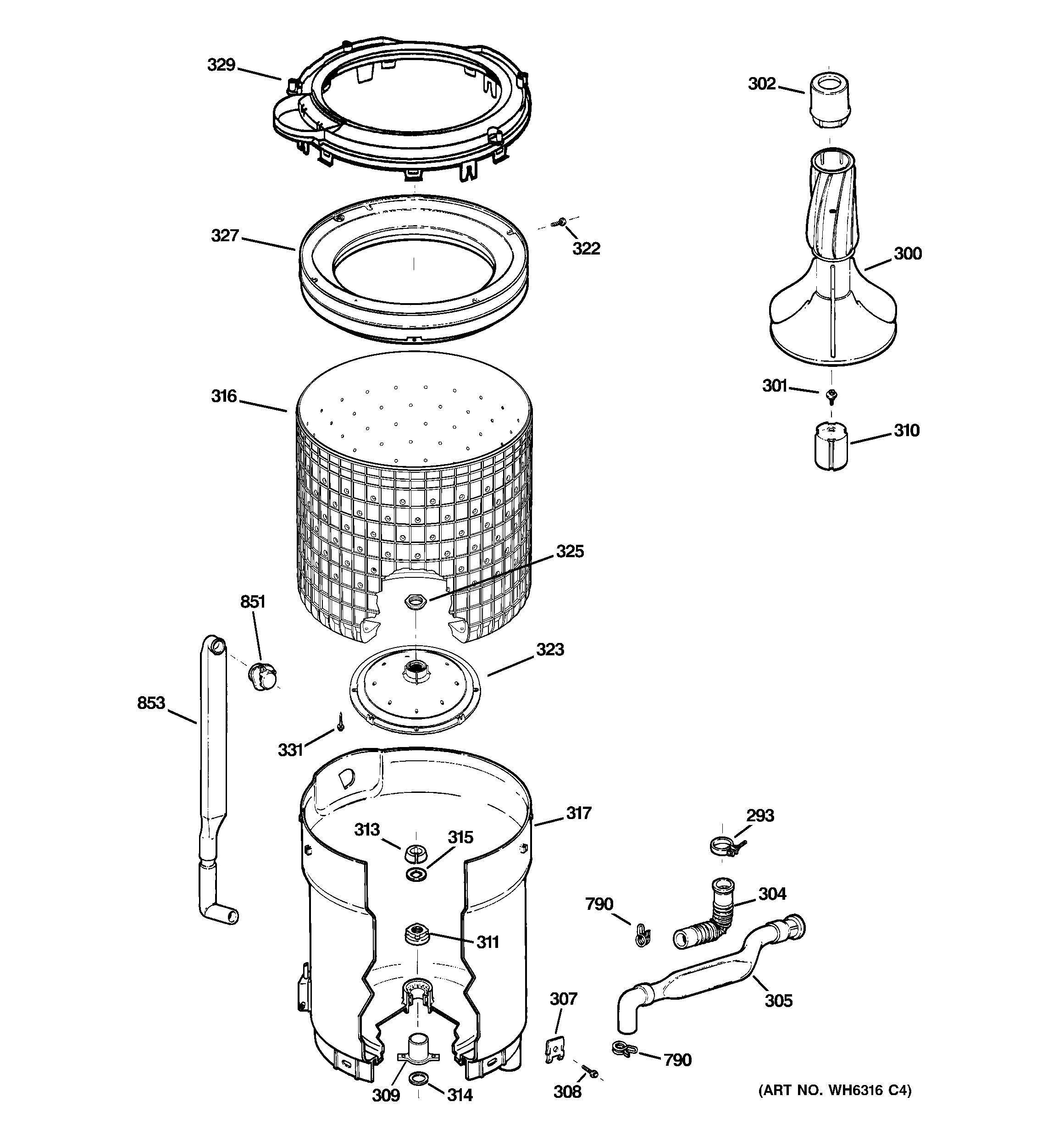 GE WCSR2090DBWW tub, basket & agitator diagram