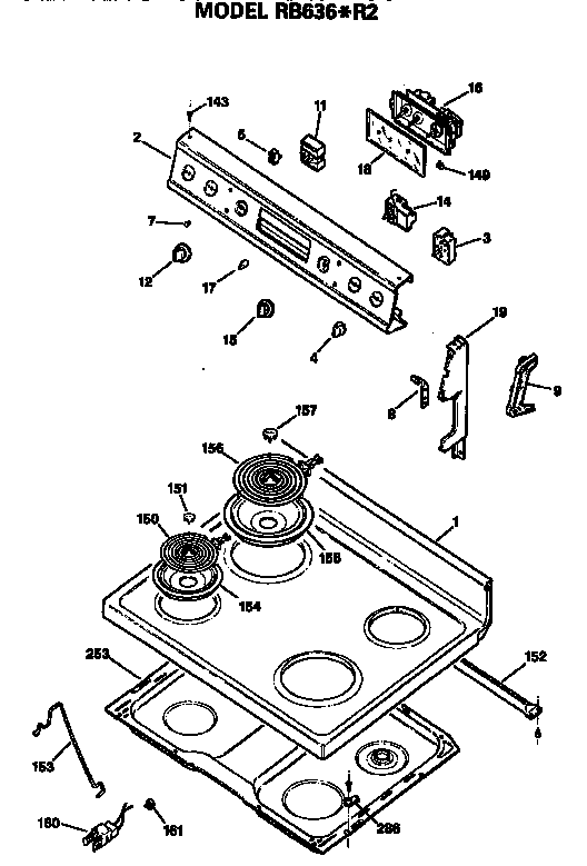 Hotpoint RB636*R2 control and cooktop diagram