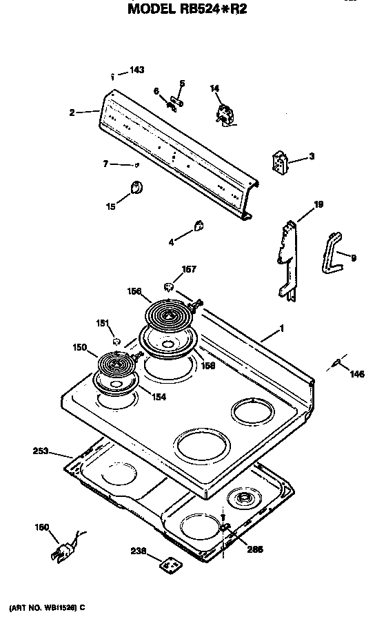 Hotpoint RB524*R2 control and cooktop diagram