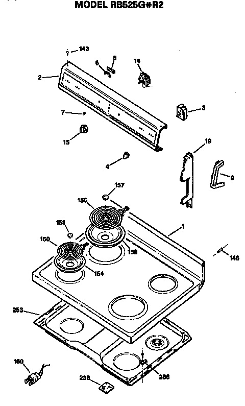 Hotpoint RB525G*R2 control and cooktop diagram