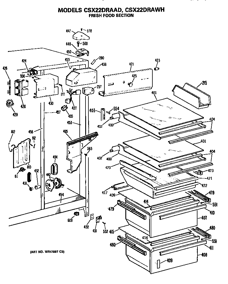 Hotpoint CSX22DRAWH refrigerator shelves diagram