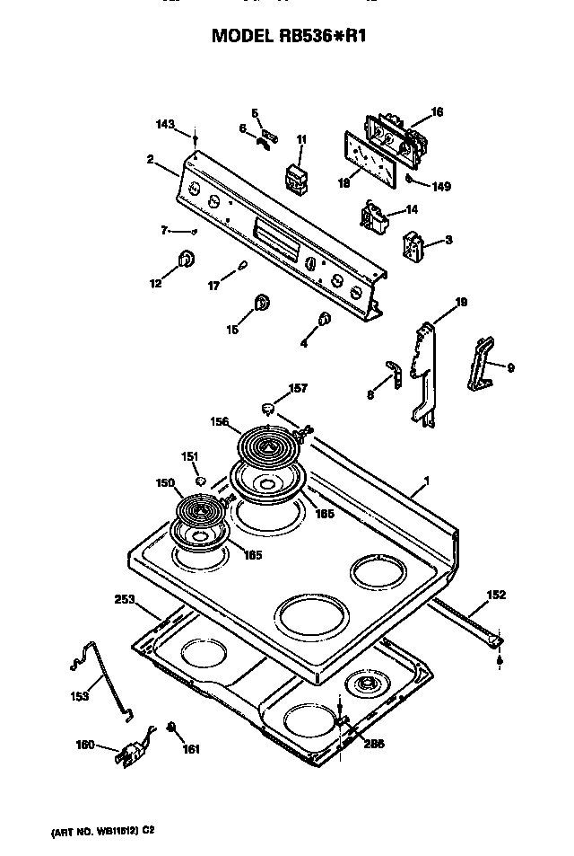 Hotpoint RB536*R1 control and cooktop diagram