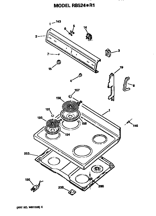 Hotpoint RB524*R1 control and cooktop diagram