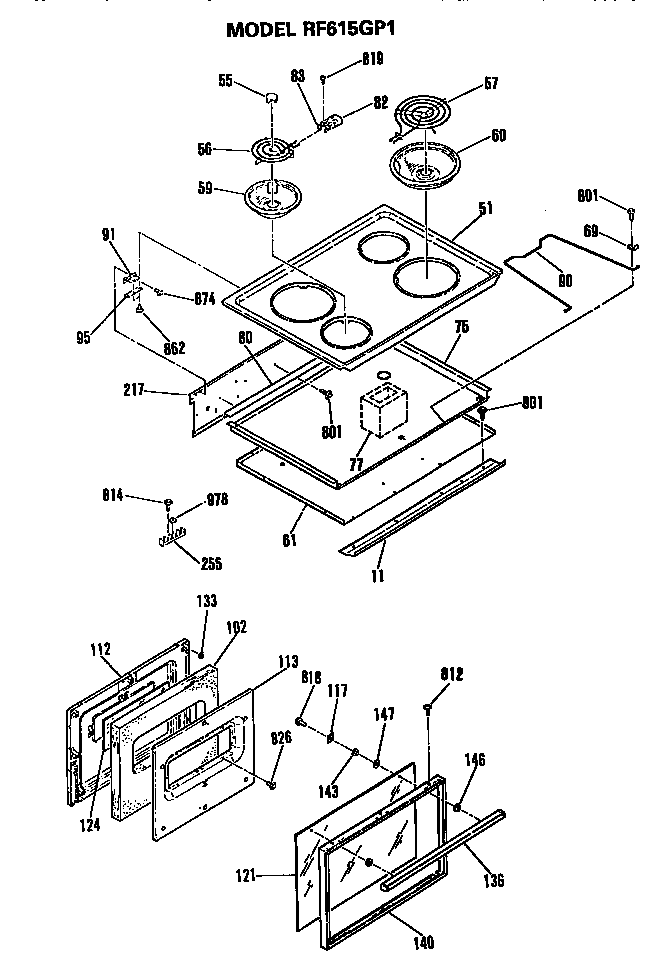 Hotpoint RF615GP1 cooktop and door diagram