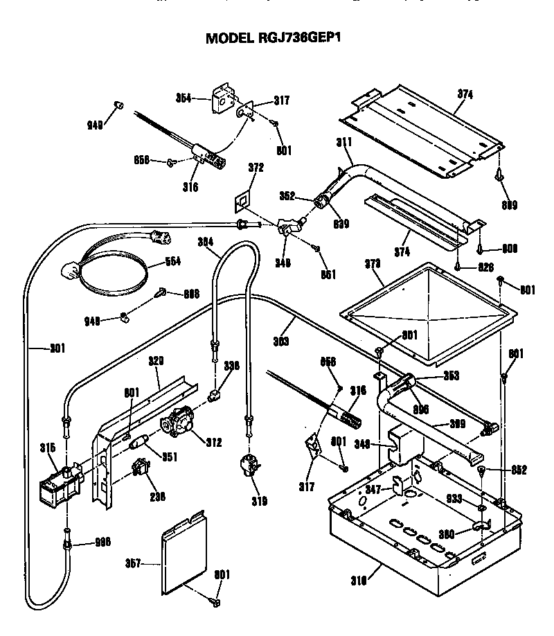 Hotpoint RGJ736GEP1BG broiler and oven burner section diagram