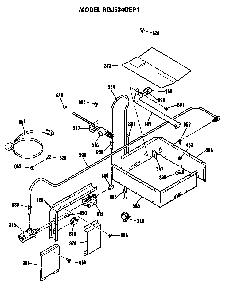 Hotpoint RGJ534GEP1 broiler and oven burner section diagram