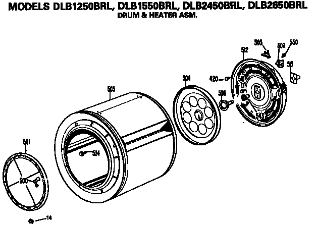 Hotpoint DLB2650BRL drum and heater assembly diagram