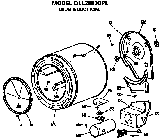 Hotpoint DLL2880DPL drum and duct assembly diagram