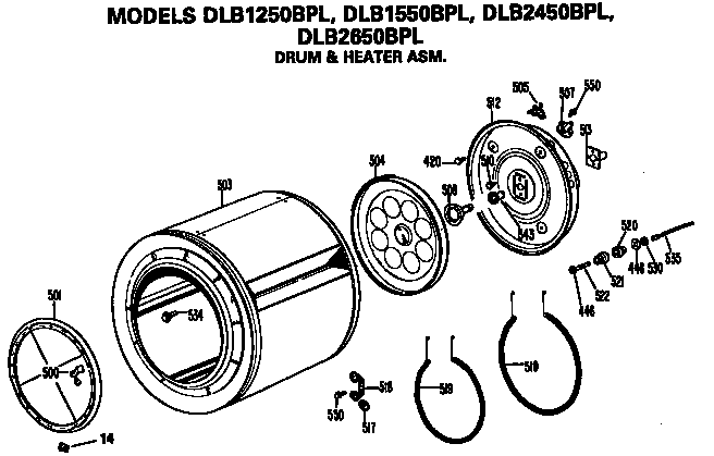 Hotpoint DLB1550BPL drum and heater assembly diagram