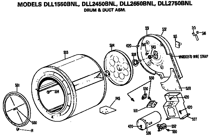 Hotpoint DLL2450BNL drum and duct assembly diagram