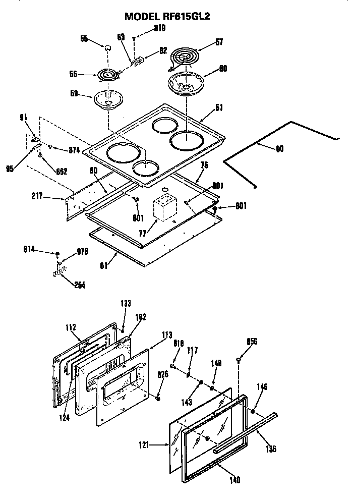 Hotpoint RF615GL2 cooktop and door diagram