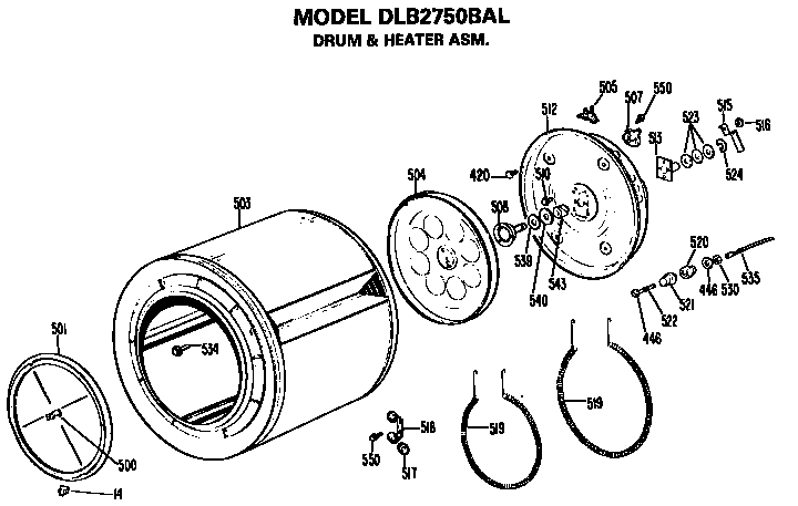 Hotpoint DLB2750BAL drum and heater assembly diagram