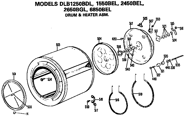 Hotpoint DLB1550BEL drum and heater assembly diagram