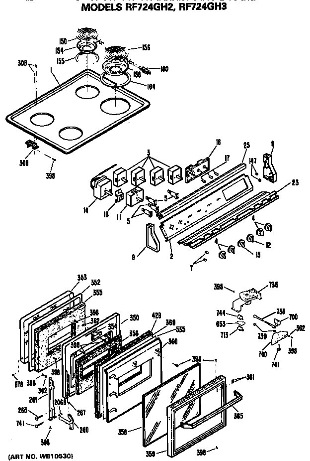 Hotpoint RF724GH3 cooktop/control and door diagram