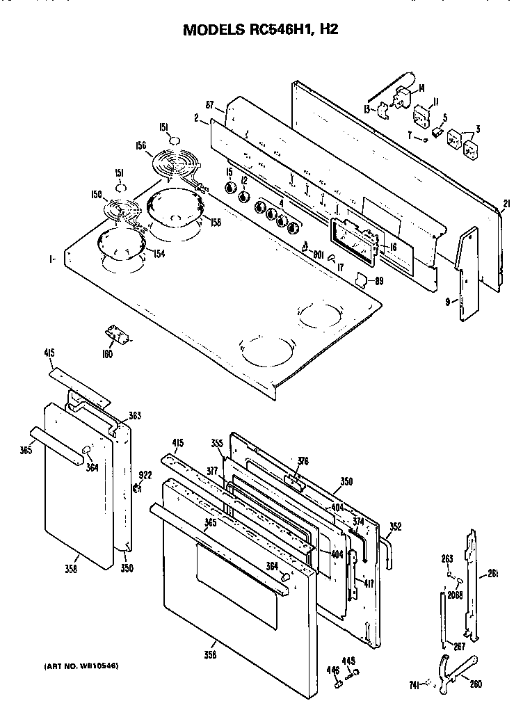 Hotpoint RC546H1 control/cooktop and door diagram