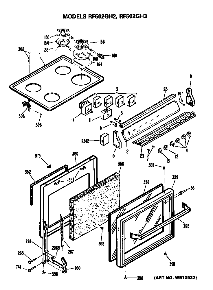 Hotpoint RF502GH3 cooktop/controls and door diagram