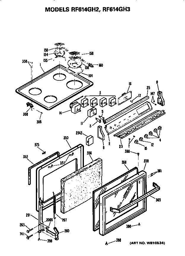 Hotpoint RF614GH2 cooktop/control and door diagram