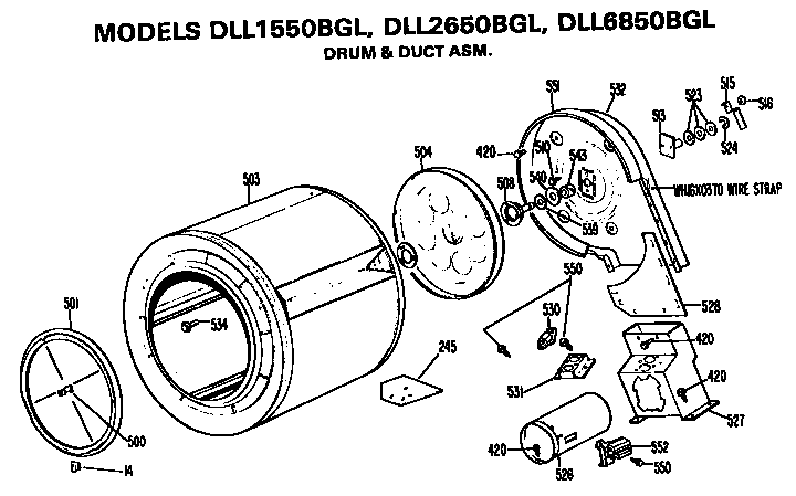 Hotpoint DLL2650BGL drum and duct assembly diagram