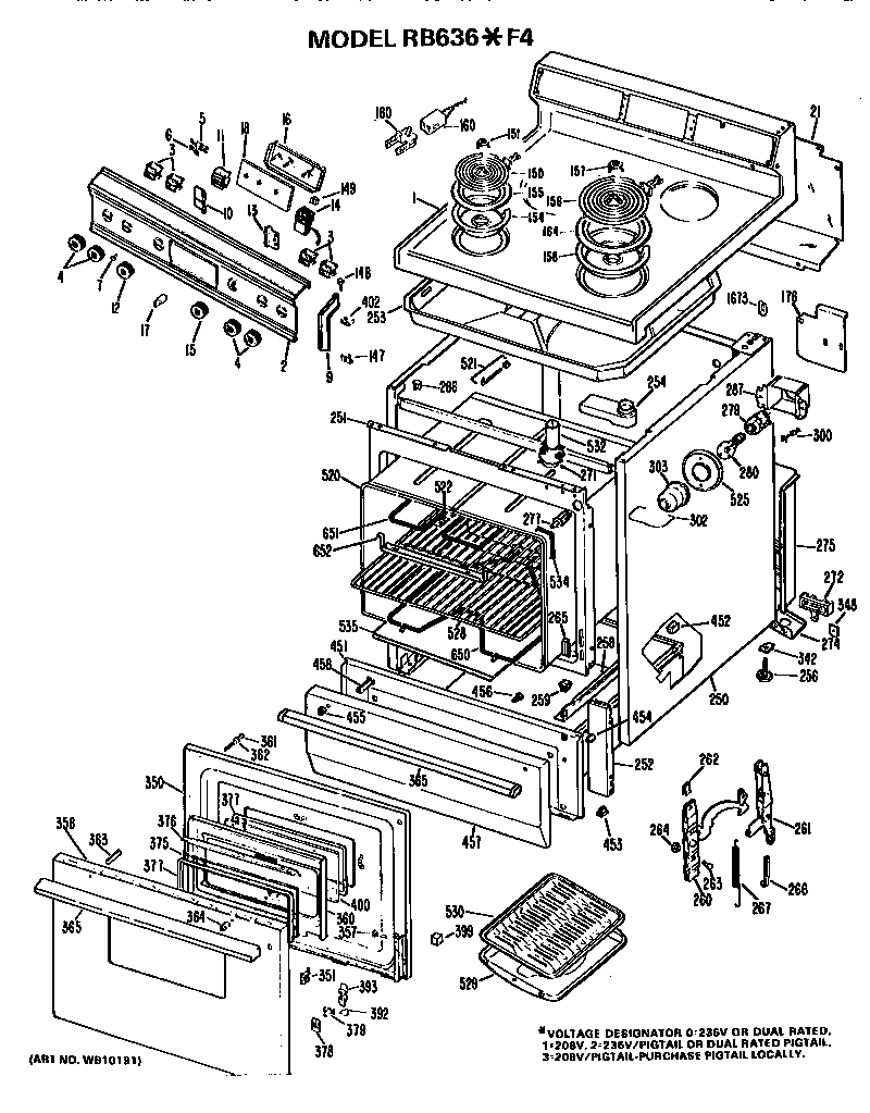 Hotpoint RB636*F4 main body/cooktop/controls diagram