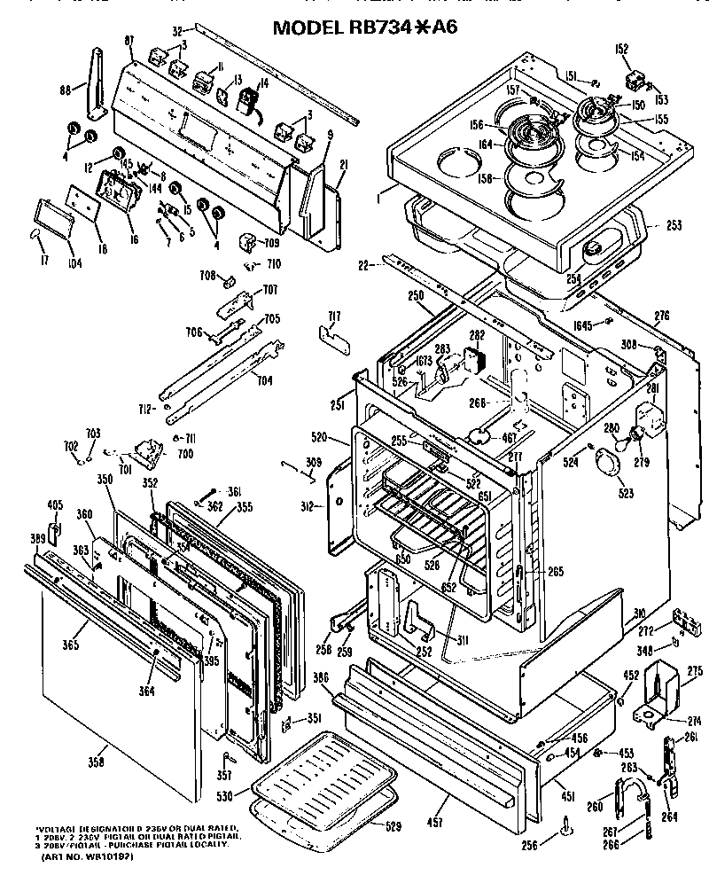 Hotpoint RB734*A6 main body/cooktop/controls diagram