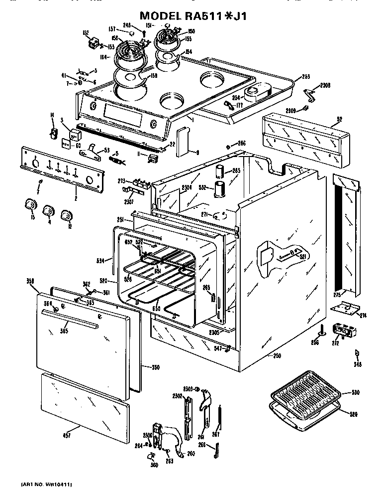 Hotpoint RA511*J1 main body/cooktop/controls diagram