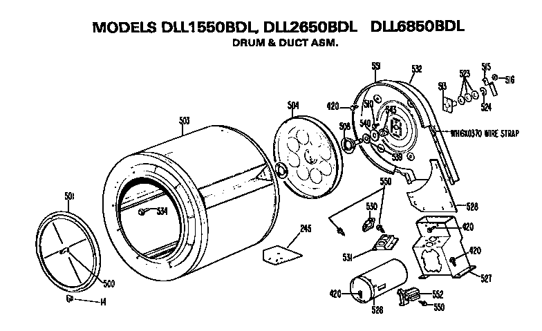 Hotpoint DLL1550BDL drum and duct assembly diagram