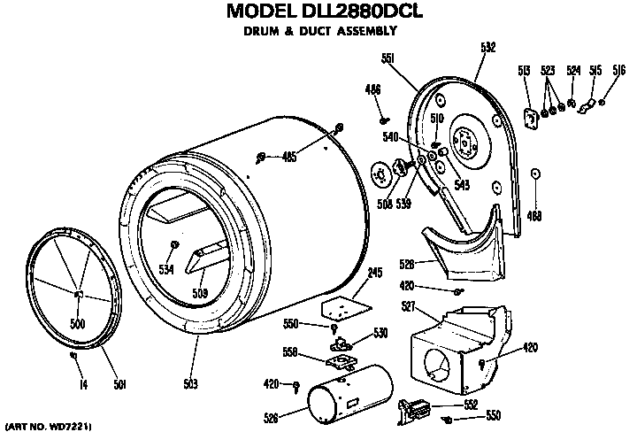 Hotpoint DLL2880DCL drum and duct assembly diagram