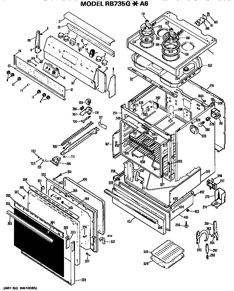 Hotpoint RB735G*A6 main body/cooktop/controls diagram