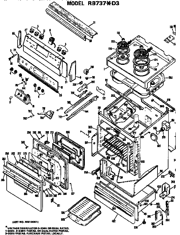 Hotpoint RB737*D3 main body/cooktop/controls diagram