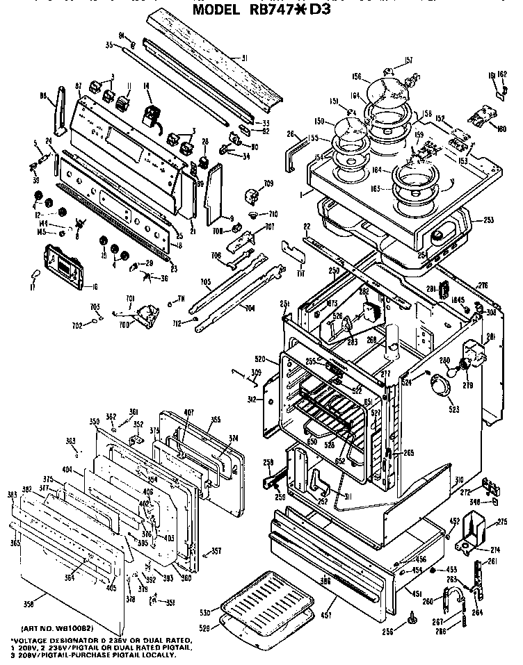 Hotpoint RB747*D3 main body/cooktop/controls diagram