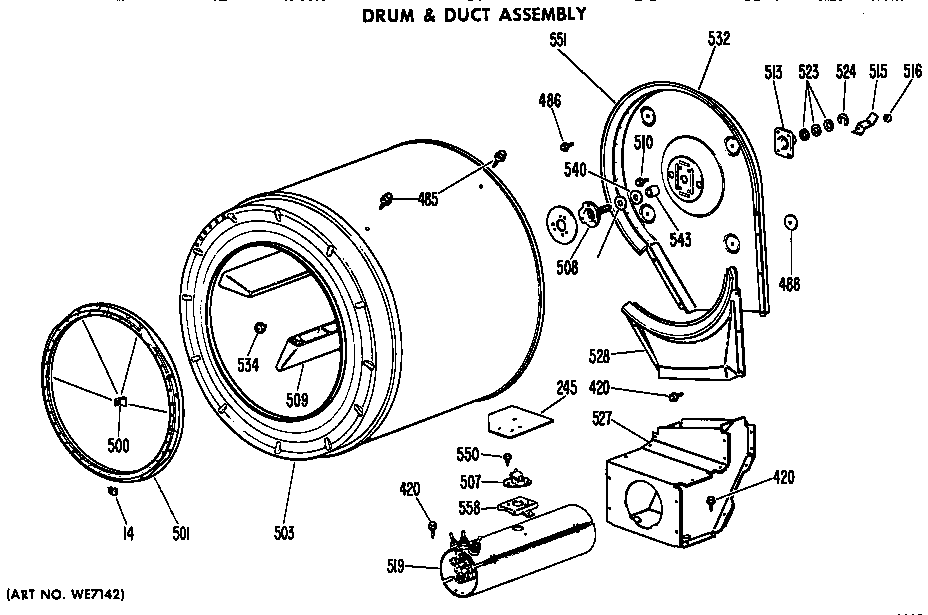 GE DDE8108VHL drum and duct assembly diagram