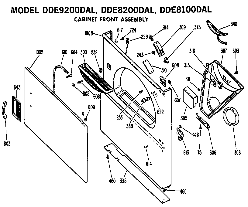 GE DDE8200DAL cabinet front diagram