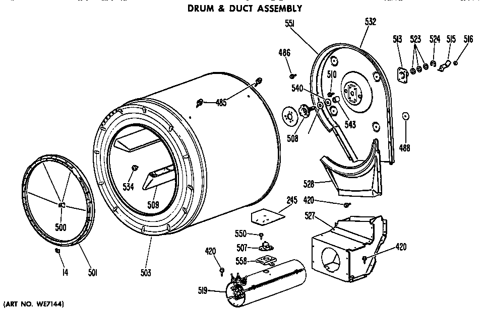 GE DDE8200DAL drum and duct assembly diagram
