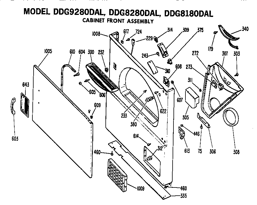 GE DDG8280DAL cabinet front diagram