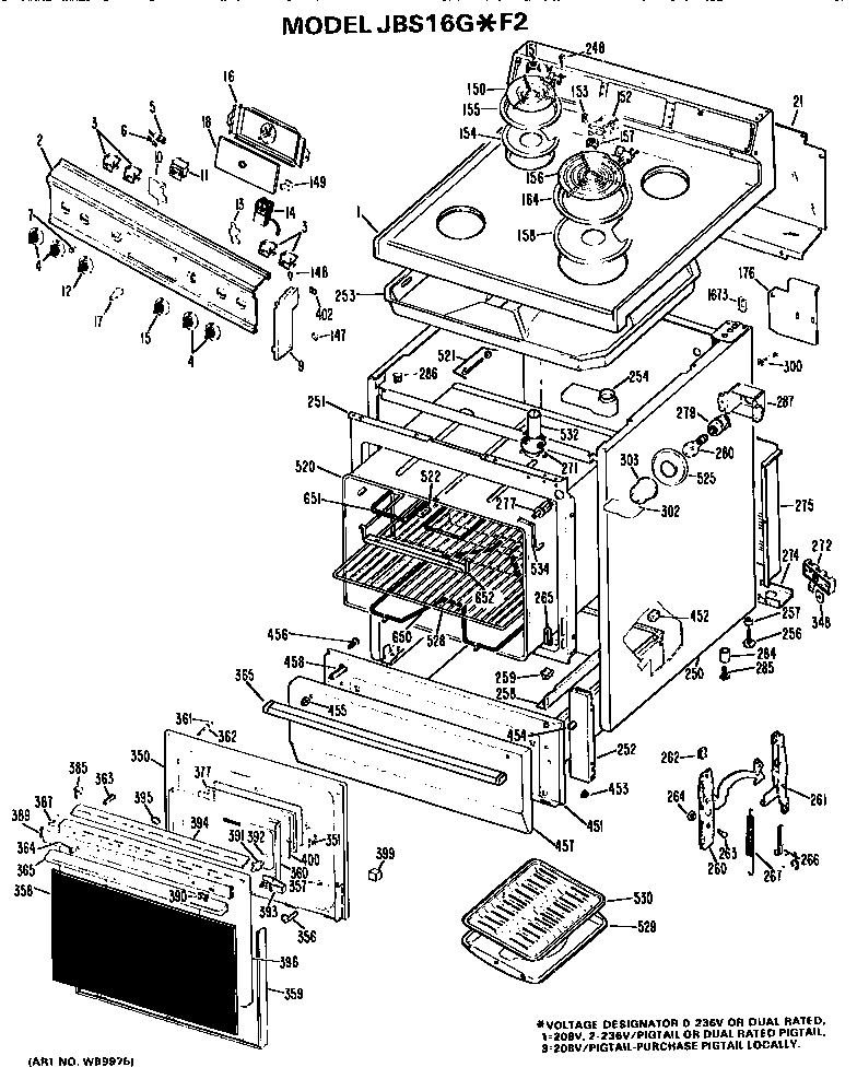 GE JBS16G*F2 main body/cooktop/controls diagram