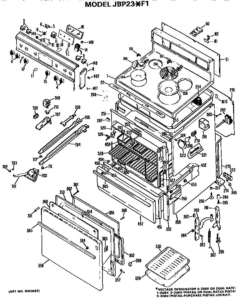 GE JBP23*F1 main body/cooktop/controls diagram
