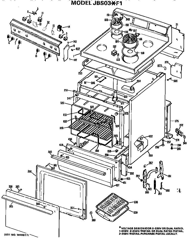 GE JBS03*F1 main body/cooktop/controls diagram