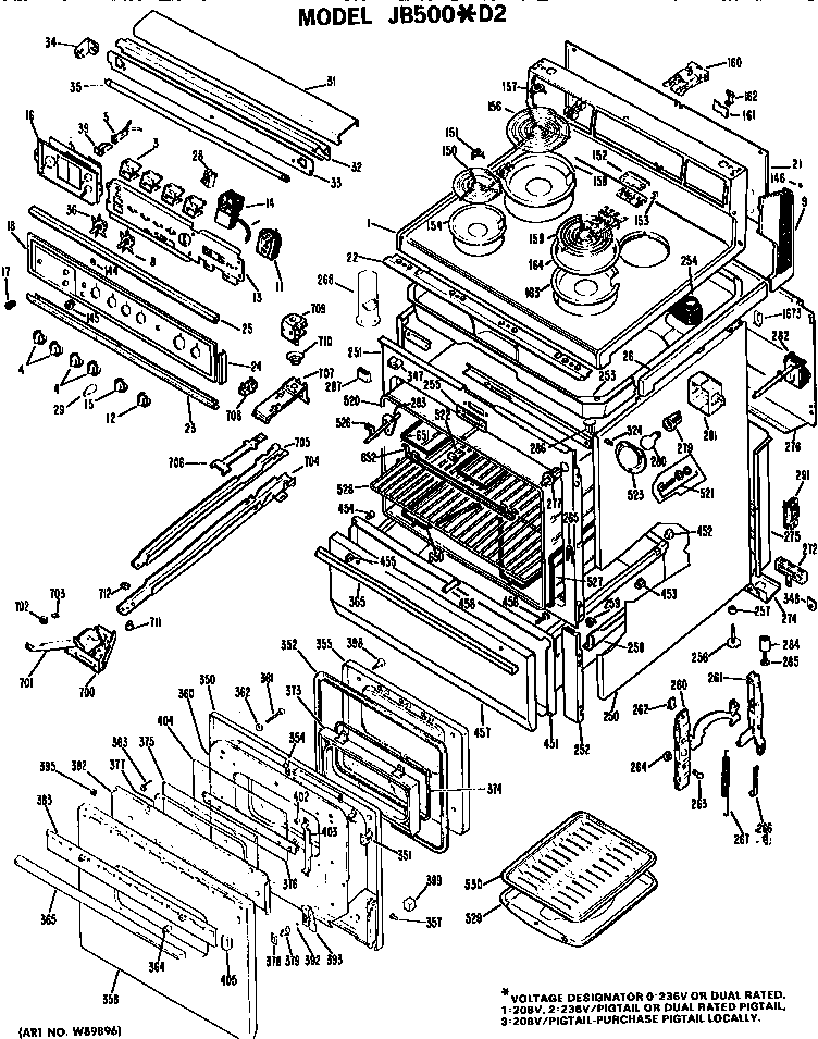 GE JB500*D2 main body/cooktop/controls diagram