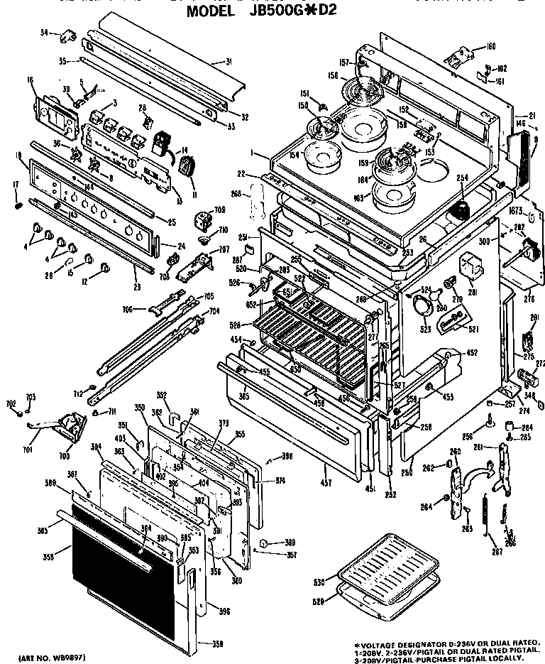 GE JB500G*D2 main body/cooktop/controls diagram