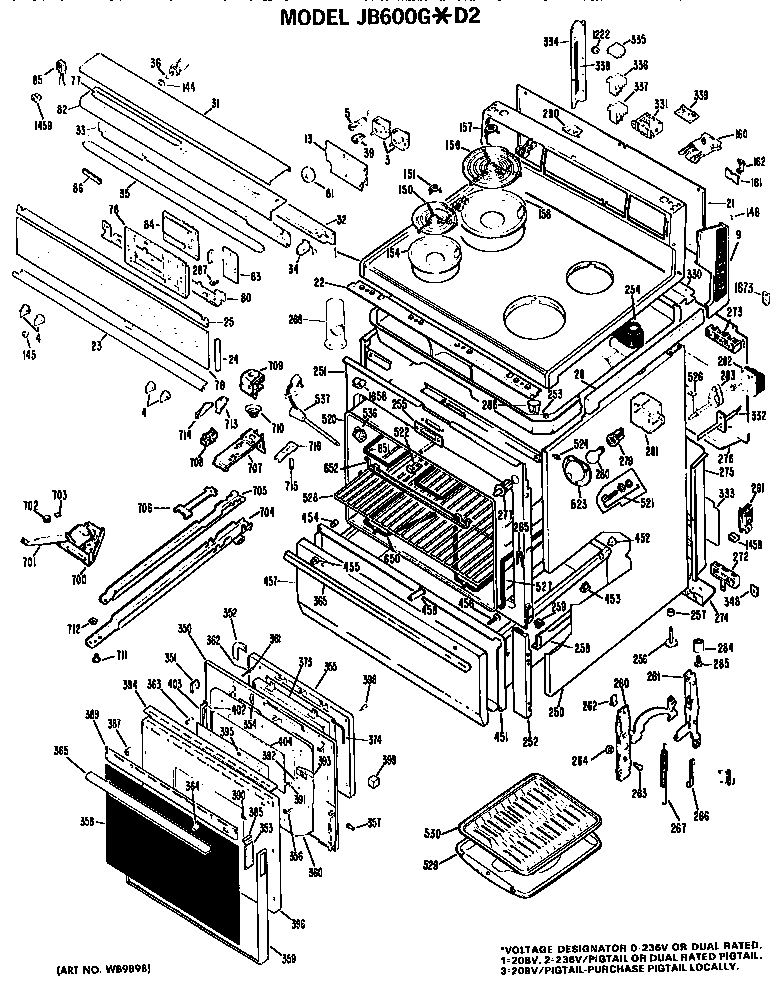 GE JB600G*D2 main body/cooktop/controls diagram