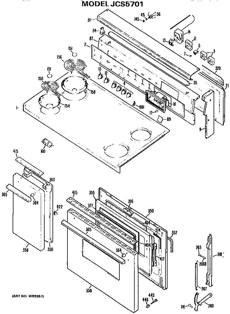 GE JCS5701 cooktop/controls/door diagram